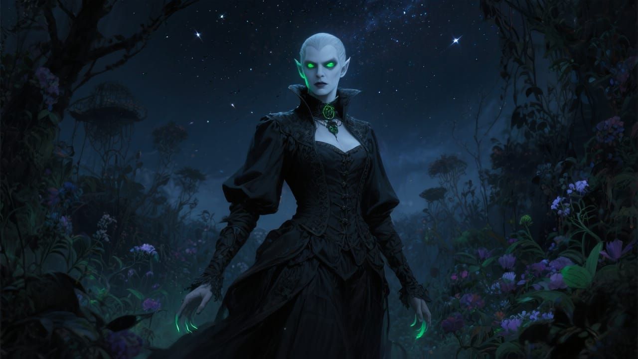 Ethereal Vampire in Midnight Garden, Dark Fantasy Art