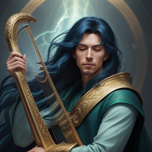 Young Wizard Plays the Harp in Vibrant Ethereal Light