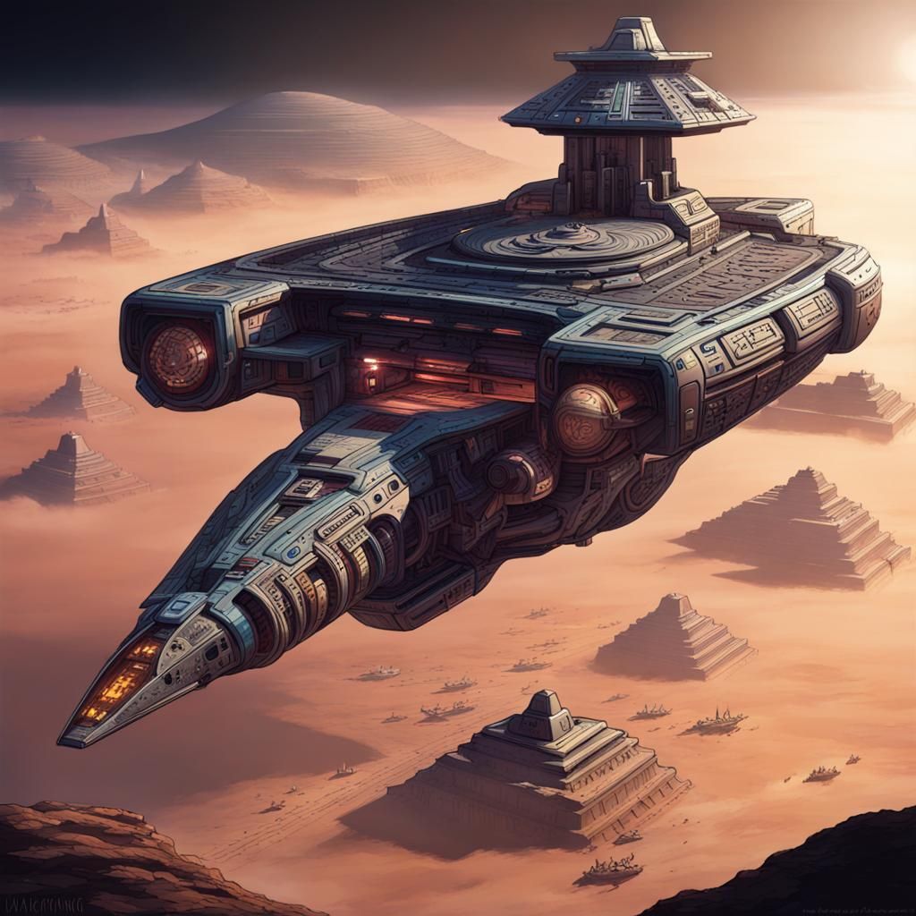 Cyberpunk Spacecraft Over Ancient Aztec Empire