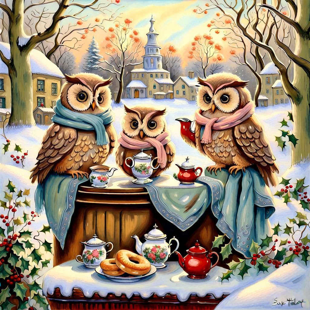 Cozy Pastel Owls Drinking Tea in Winter