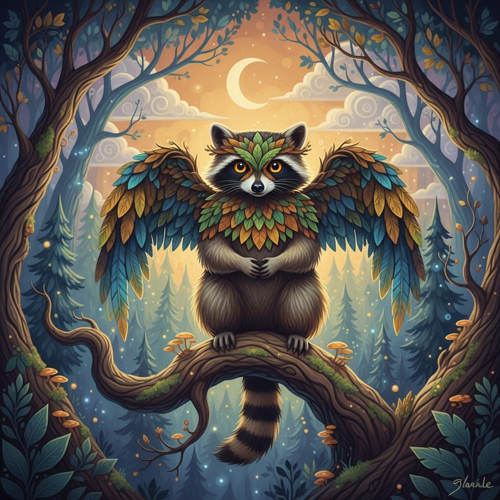 Magical Raccoon Owl Hybrid in Mystical Forest