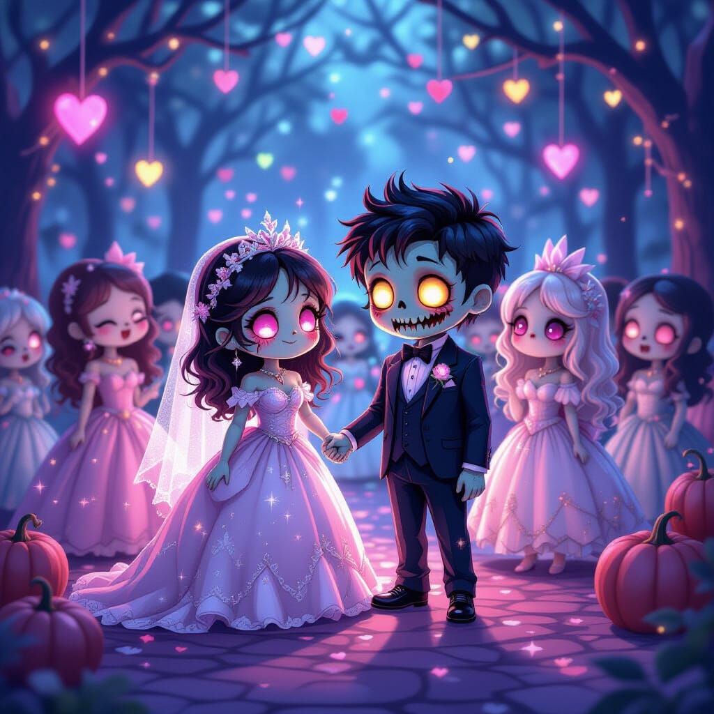 Kawaii Zombie Prom with Pastel Dresses and Glowing Hearts