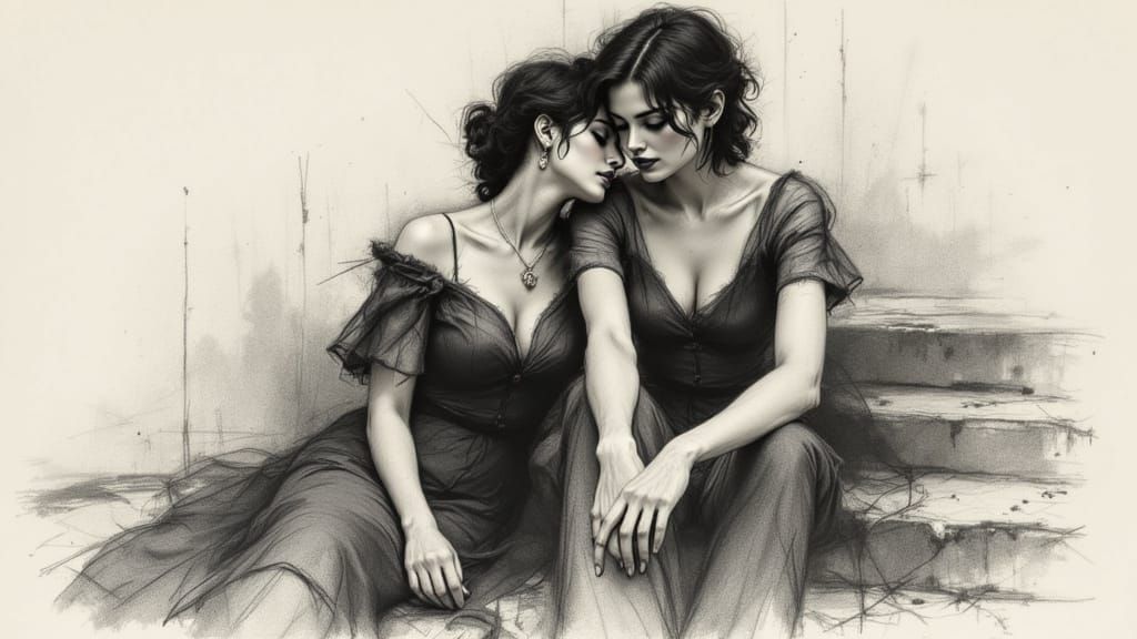 Couple Intimacy in Gestural Charcoal Sketch