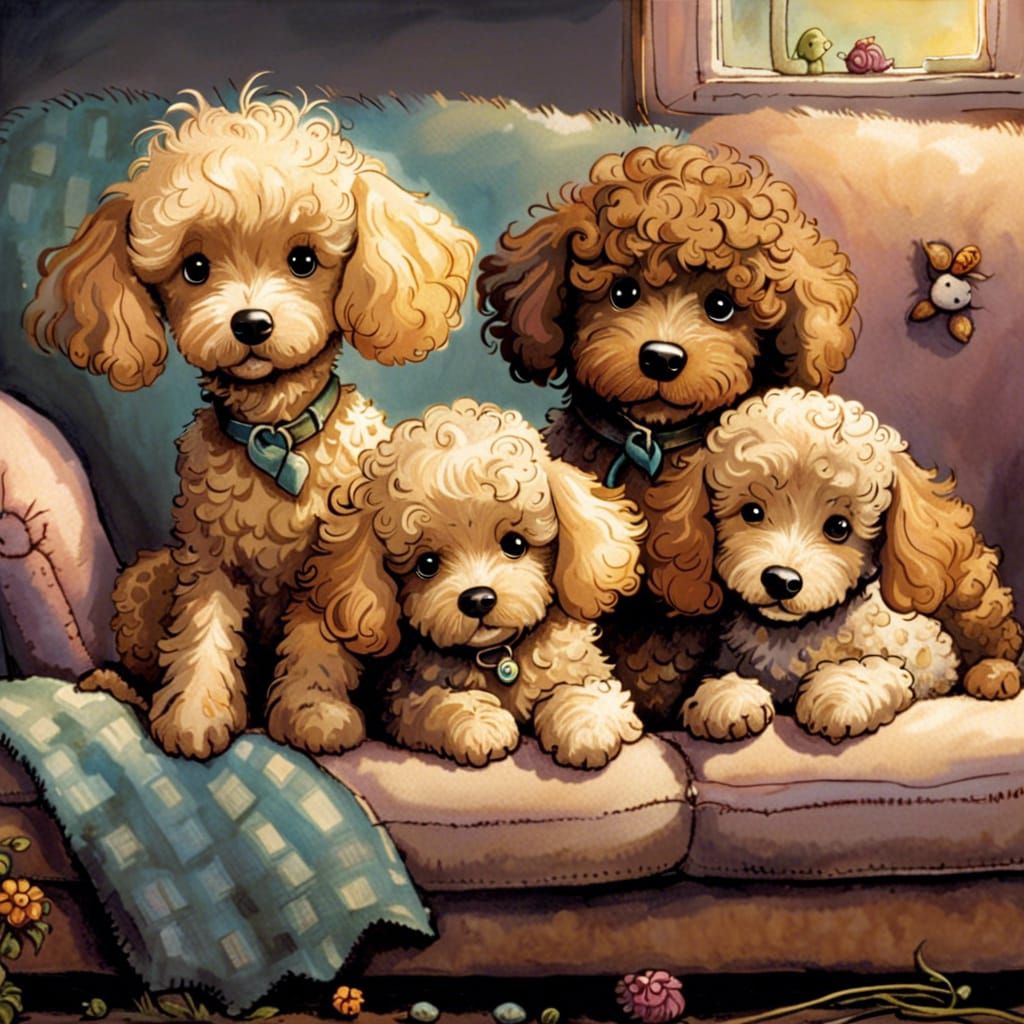 Muddy Poodle Puppies on Sofa, Illustrated Style