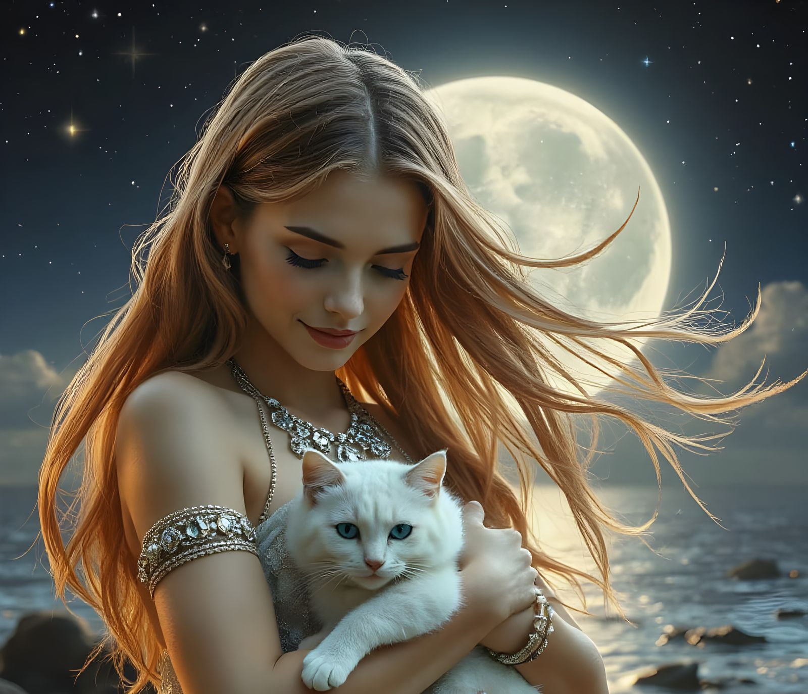 Cosmic Goddess on Moonlit Shore with White Cat