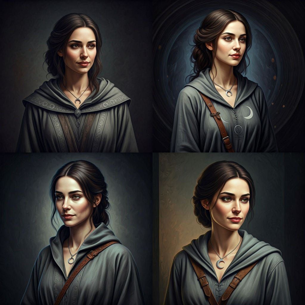 Lyra: Graceful Woman in Muted Grey Robes