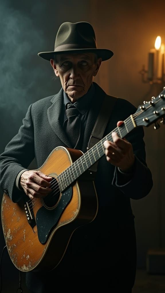 Vintage Blues Guitarist in Film Noir Style