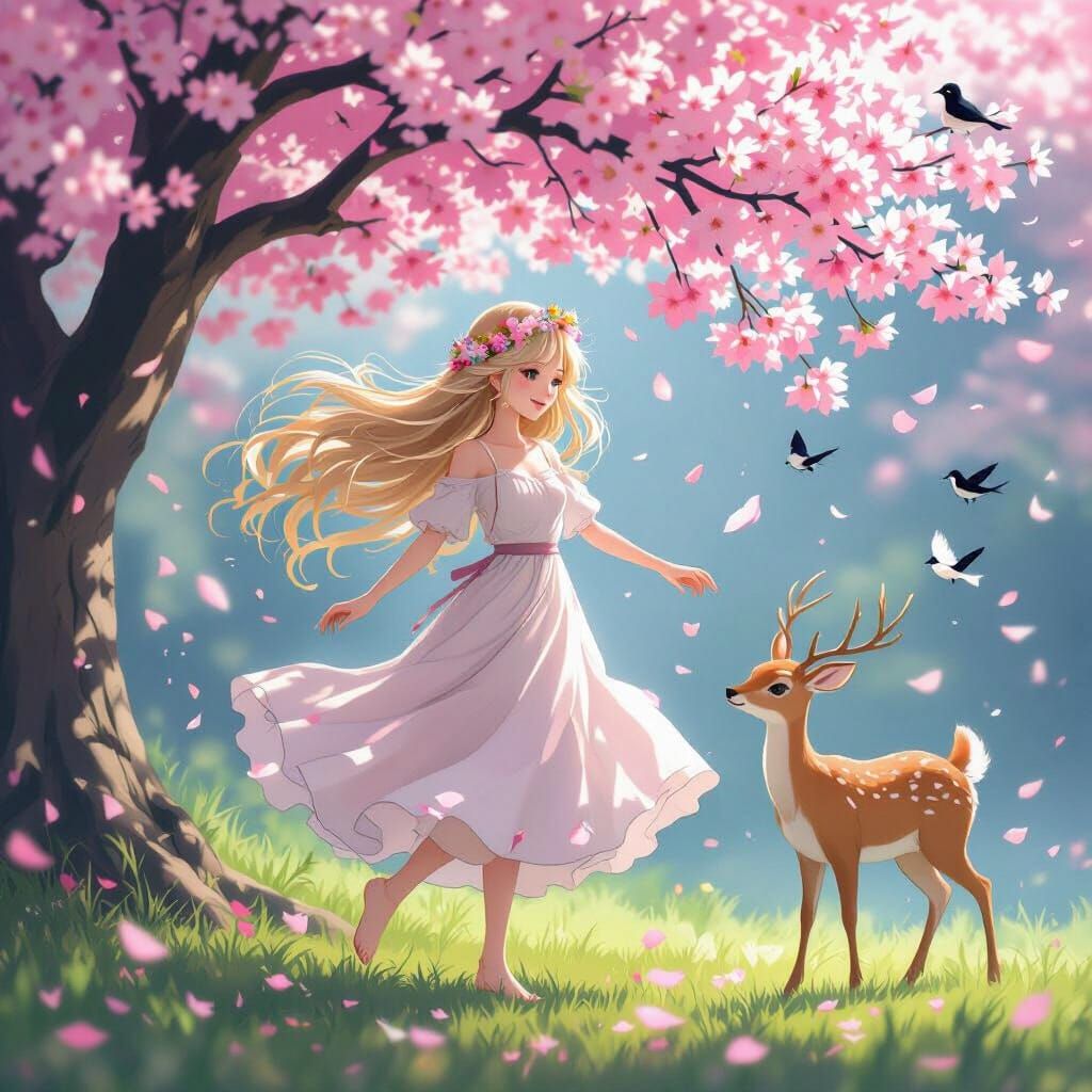 Dancing Under Cherry Blossoms: Whimsical Dreamscape