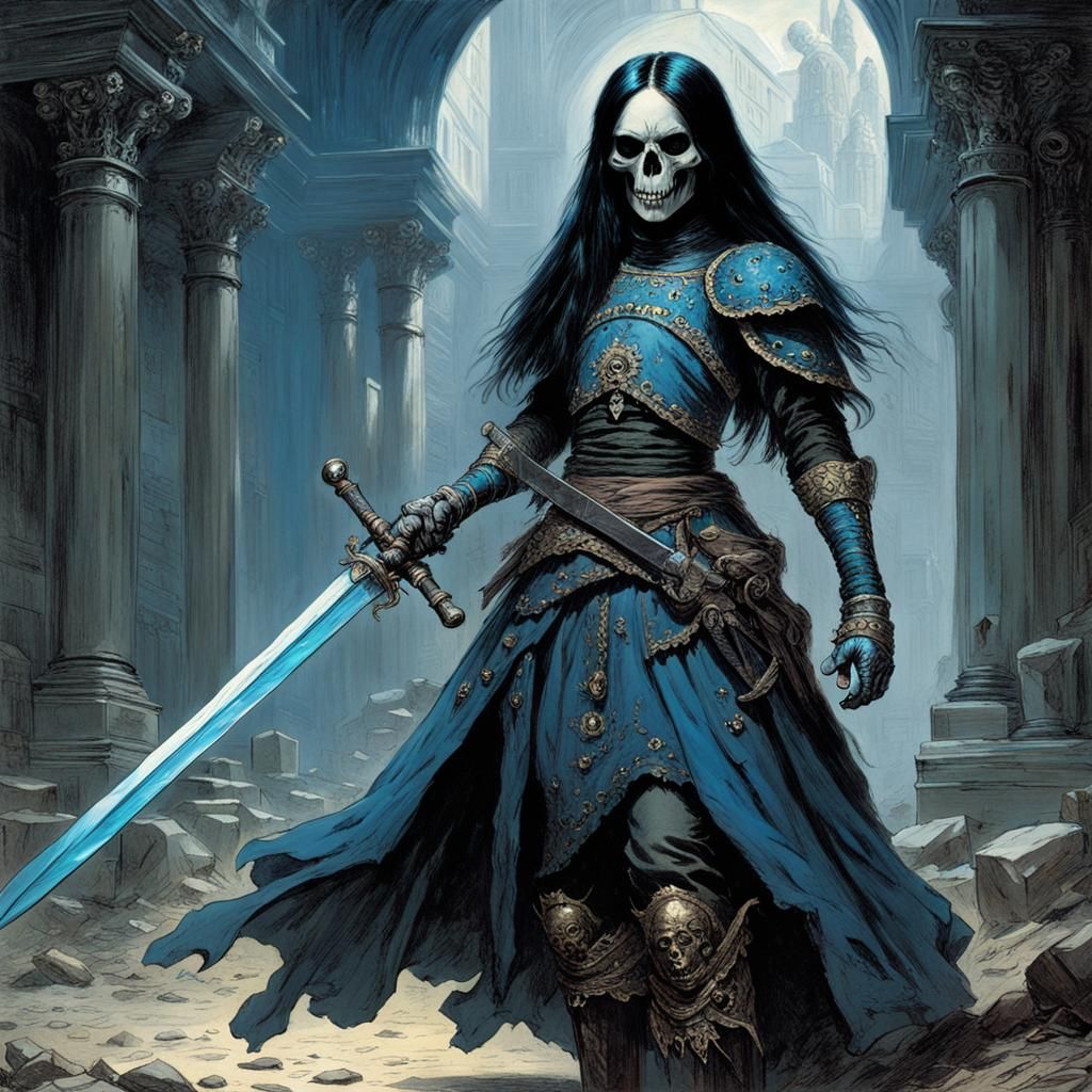 Girl with Skull Mask Brandishing Astral Sword