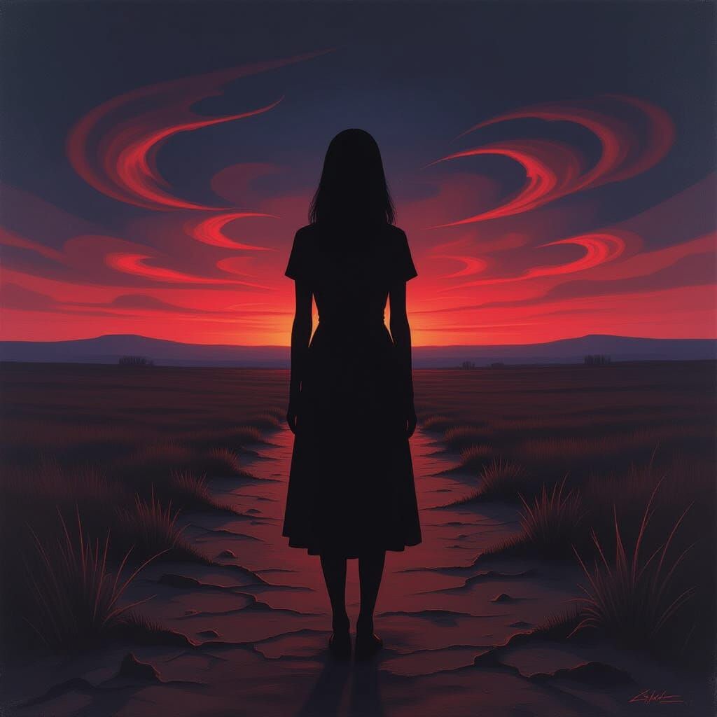 Surreal Armless Figure in Desolate Landscape at Twilight