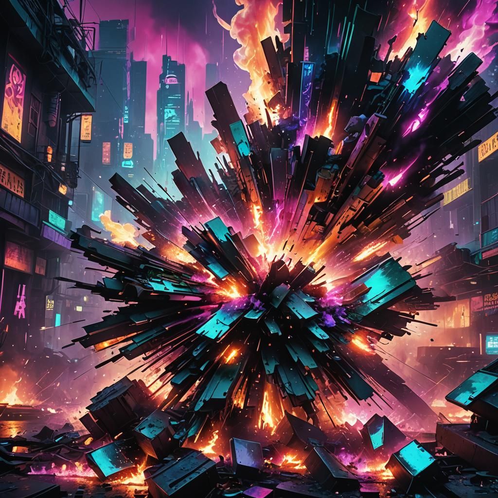 Neon Cityscape Explosion in Cyberpunk Style