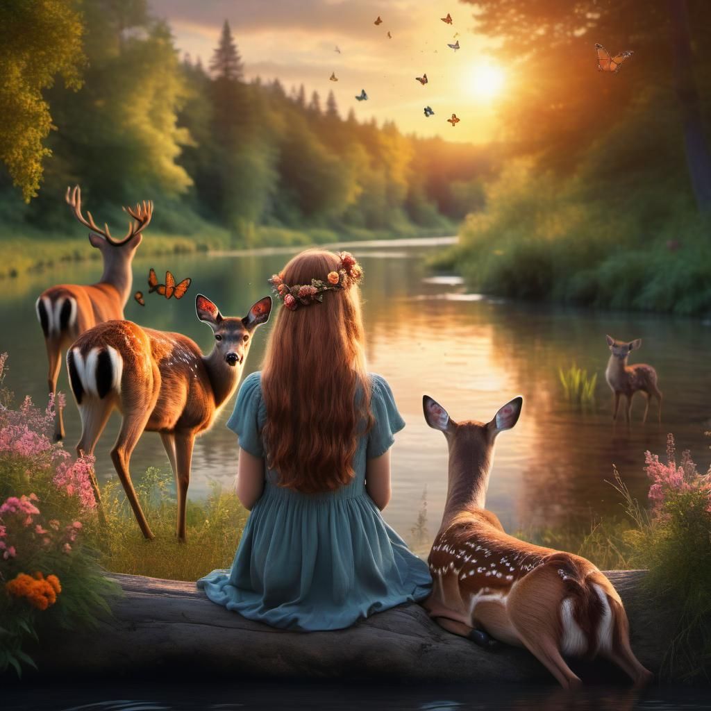 Girl with Deer by River at Sunset