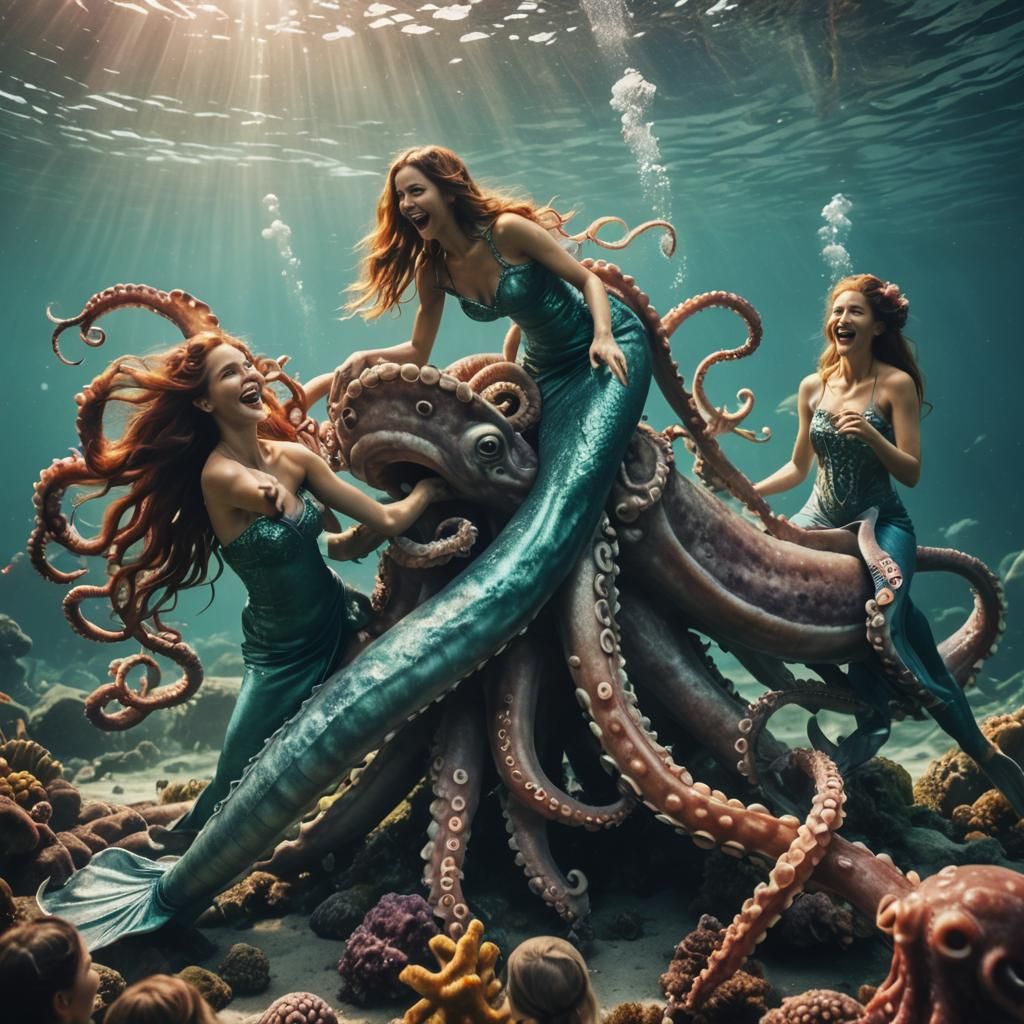 Mermaids Play with Octopus in Cinematic Sea