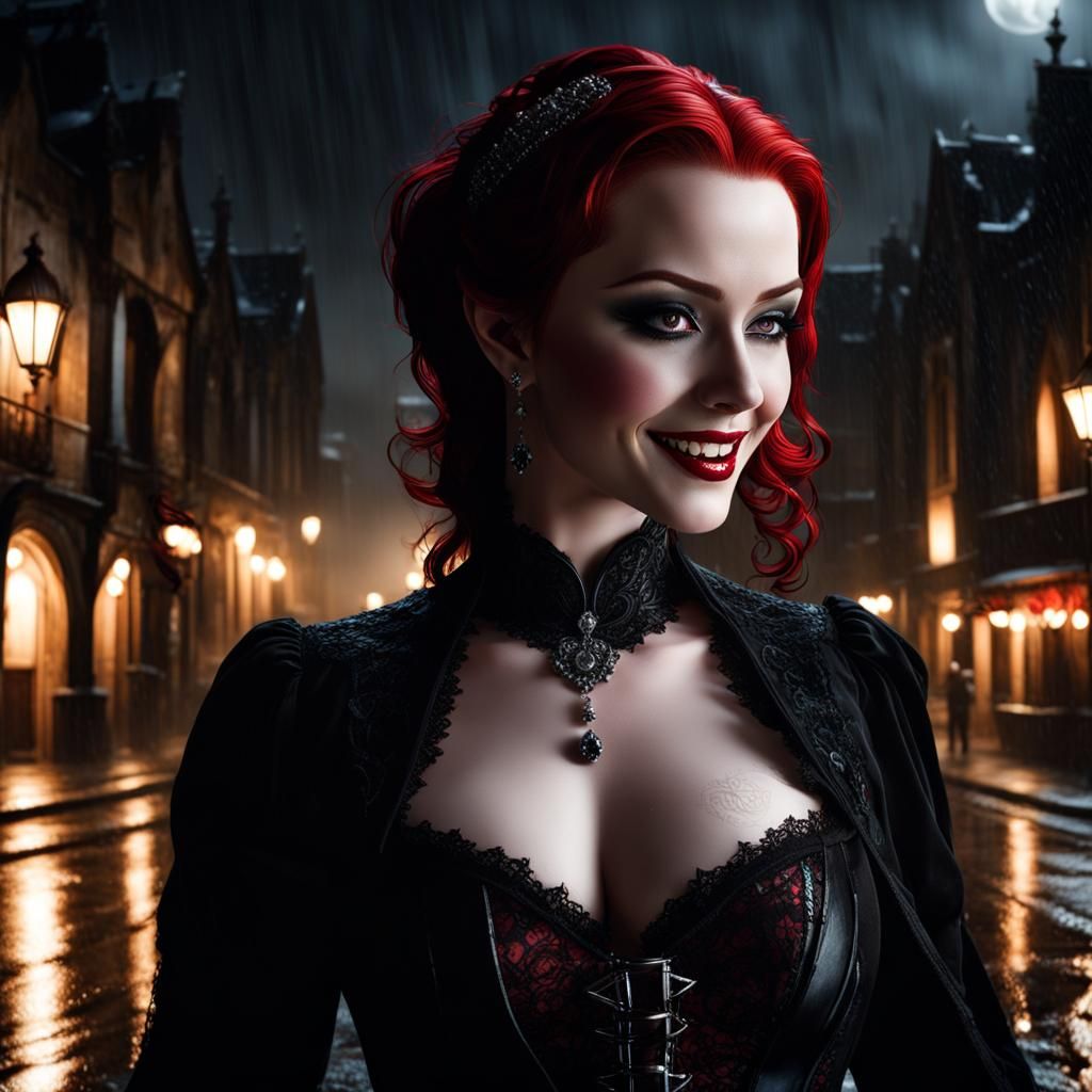 Redhead Vampire in Rainy Gothic Town