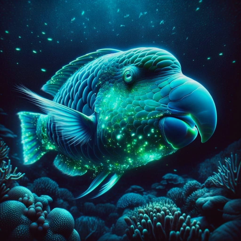 Bioluminescent Avian Parrotfish in Coral Reef