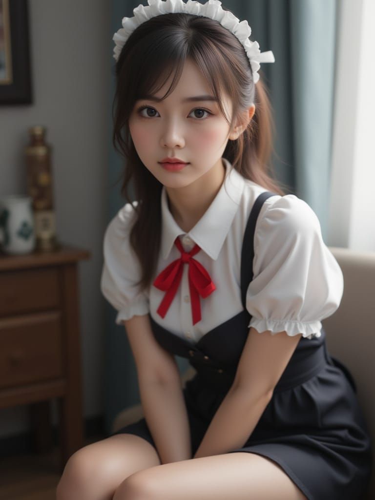 Sultry Japanese Maid Captured in Photorealistic Hazy Portrai...