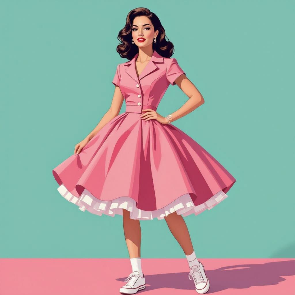 Retro Woman in Pink 50s Dress With Sneakers