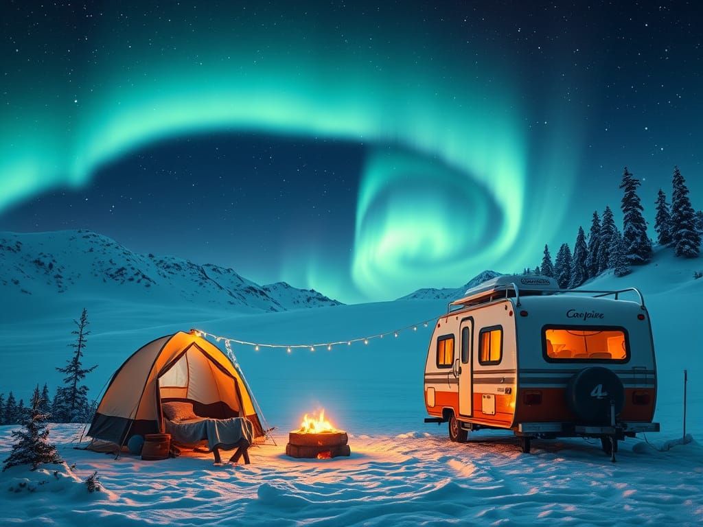 Ethereal Campsite Scene Under the Northern Lights