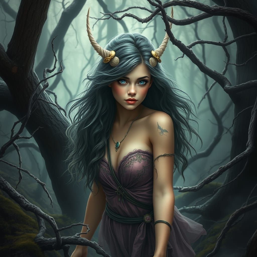 Mystical Mountain Nymph in Misty Forest: Photorealism