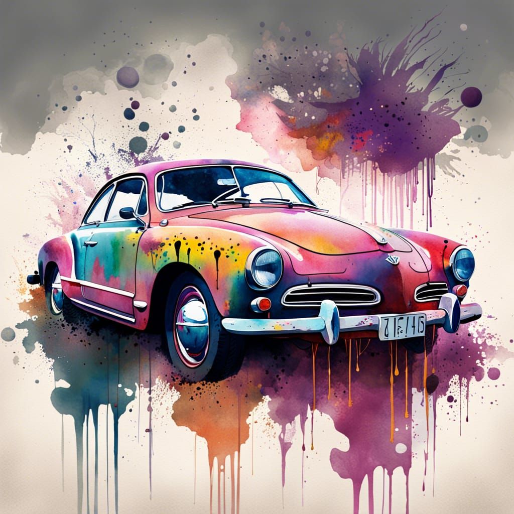 Watercolor Karmann Ghia in Maximalist Style