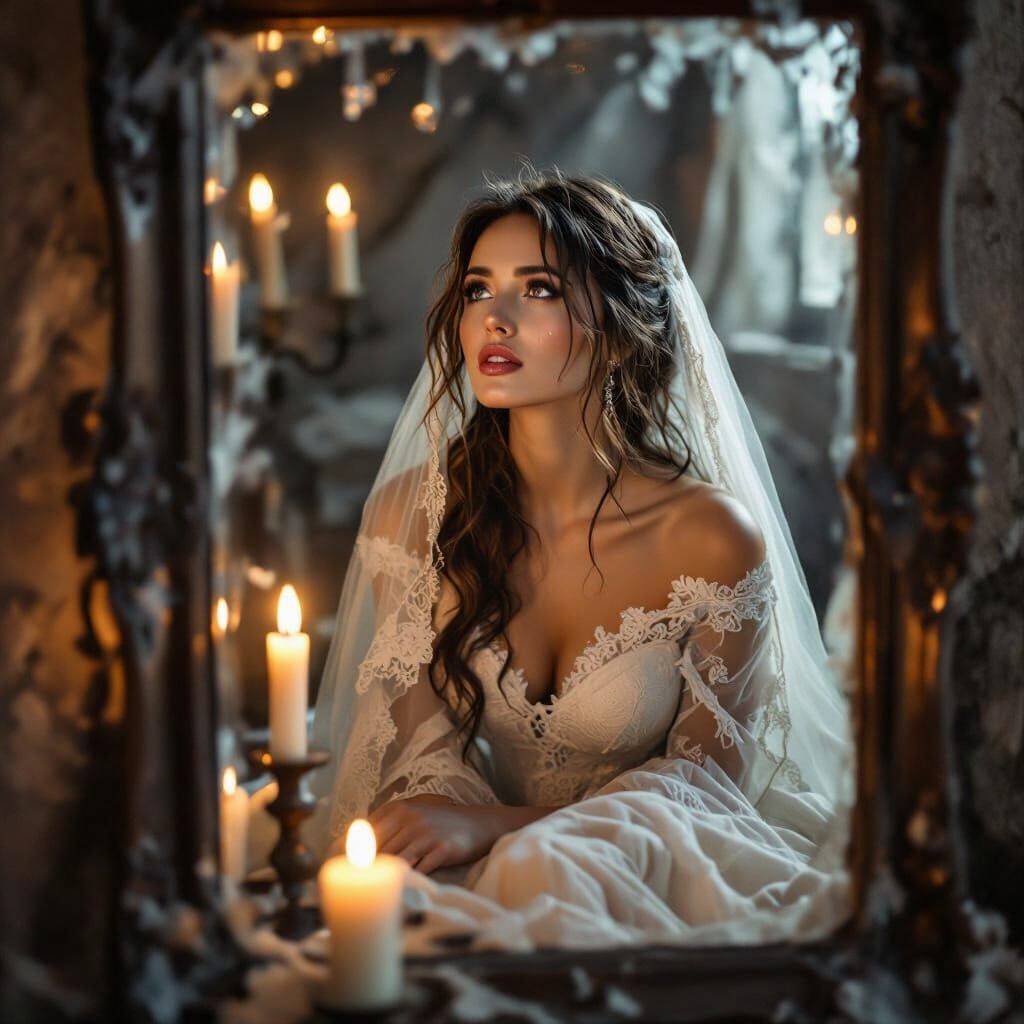 Haunting Reflection: Woman in Tattered Wedding Dress Gazes U...