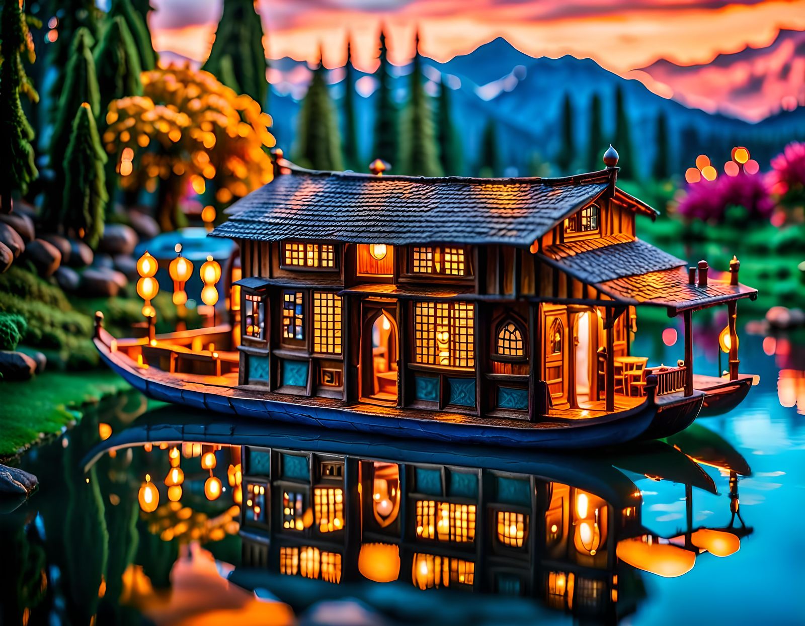 Cozy Kashmiri Houseboat Diorama at Sunset