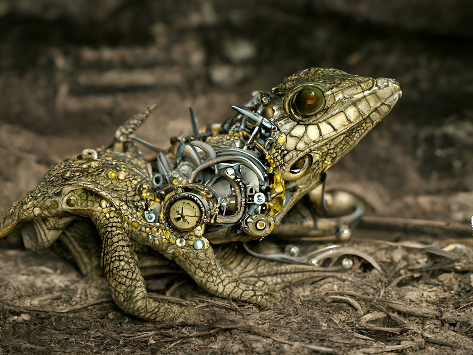 Steampunk Clockwork Reptile Automaton in Kinetic Pointillism
