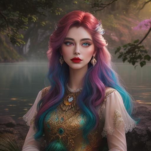 Ethereal Woman with Peacock Feathers in Oil Painting