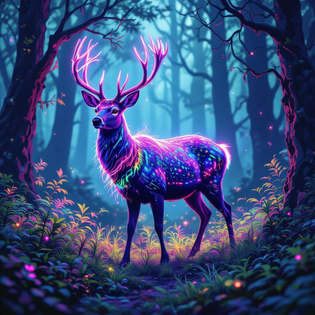 Fluorescent Deer in Mystical Forest: Digital Art