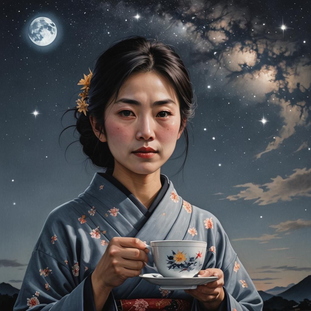 Japanese Woman with Tea Cup Under Starry Sky