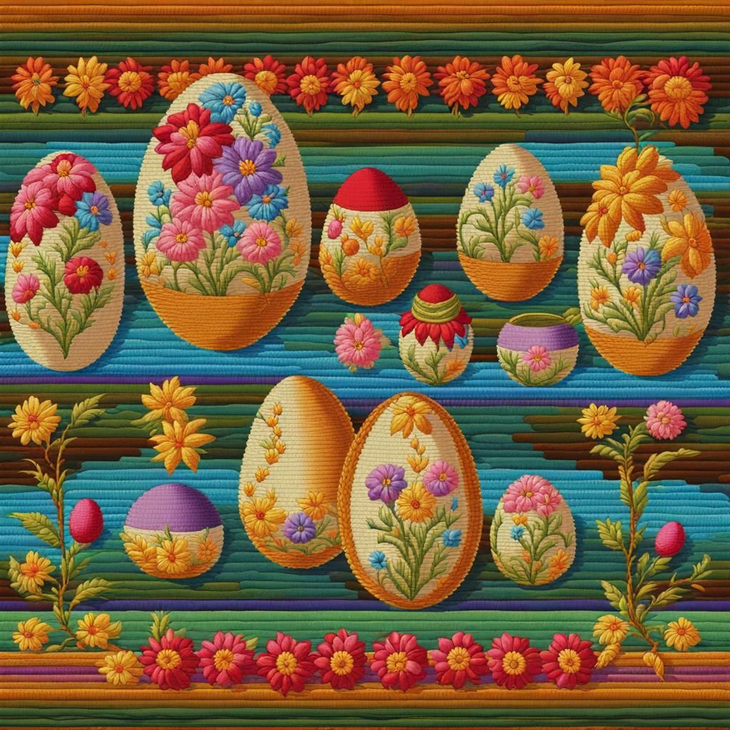 Embroidered Easter Eggs in Basket, Bauhaus Style