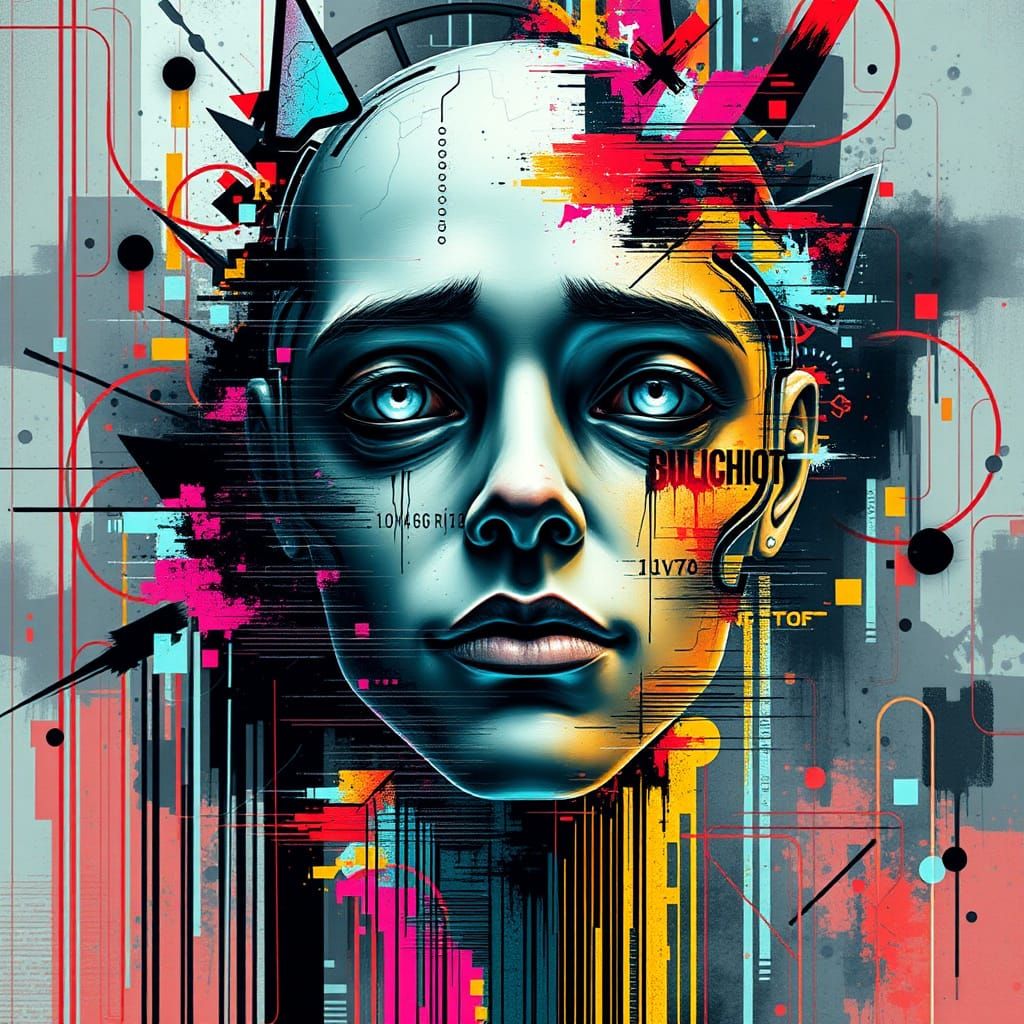 Humanoid Face Glitching in Surreal Digital Environment