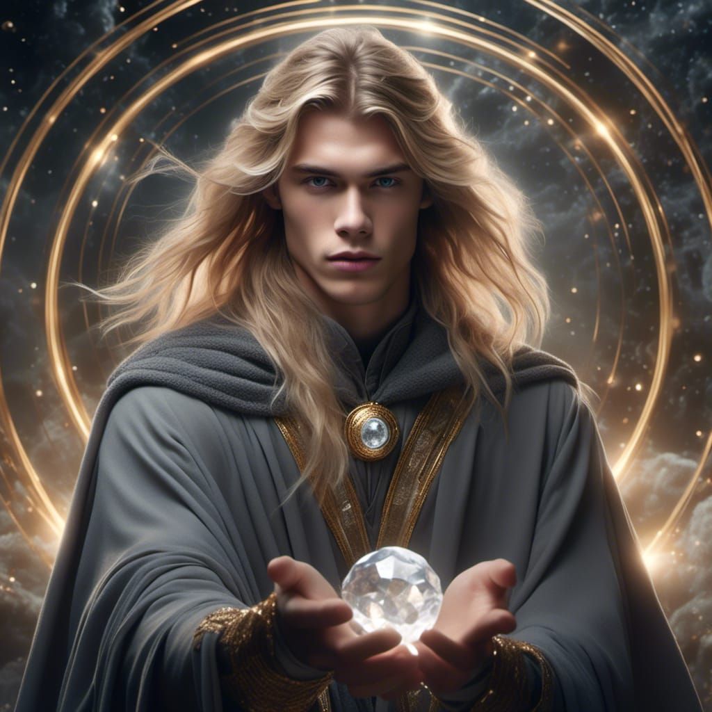 Young Wizard Portrait with Crystal Orb in Hyperrealism