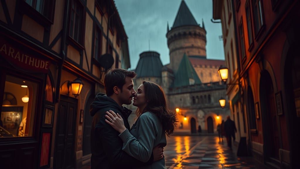 Brasov Rainy Streets: Cinematic Embrace near Weavers' Bastio...