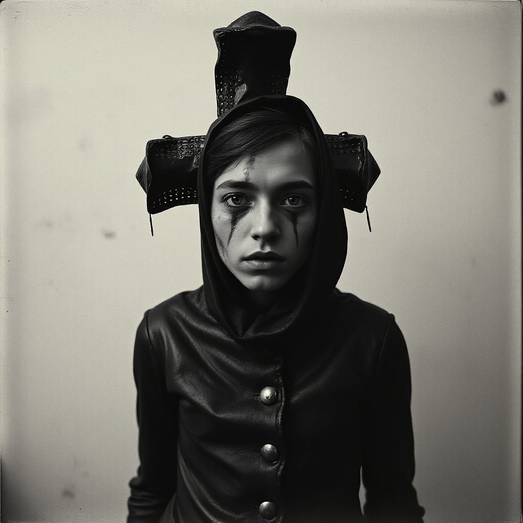 Eerie Photogravure of Figure with Cross in Dream Style