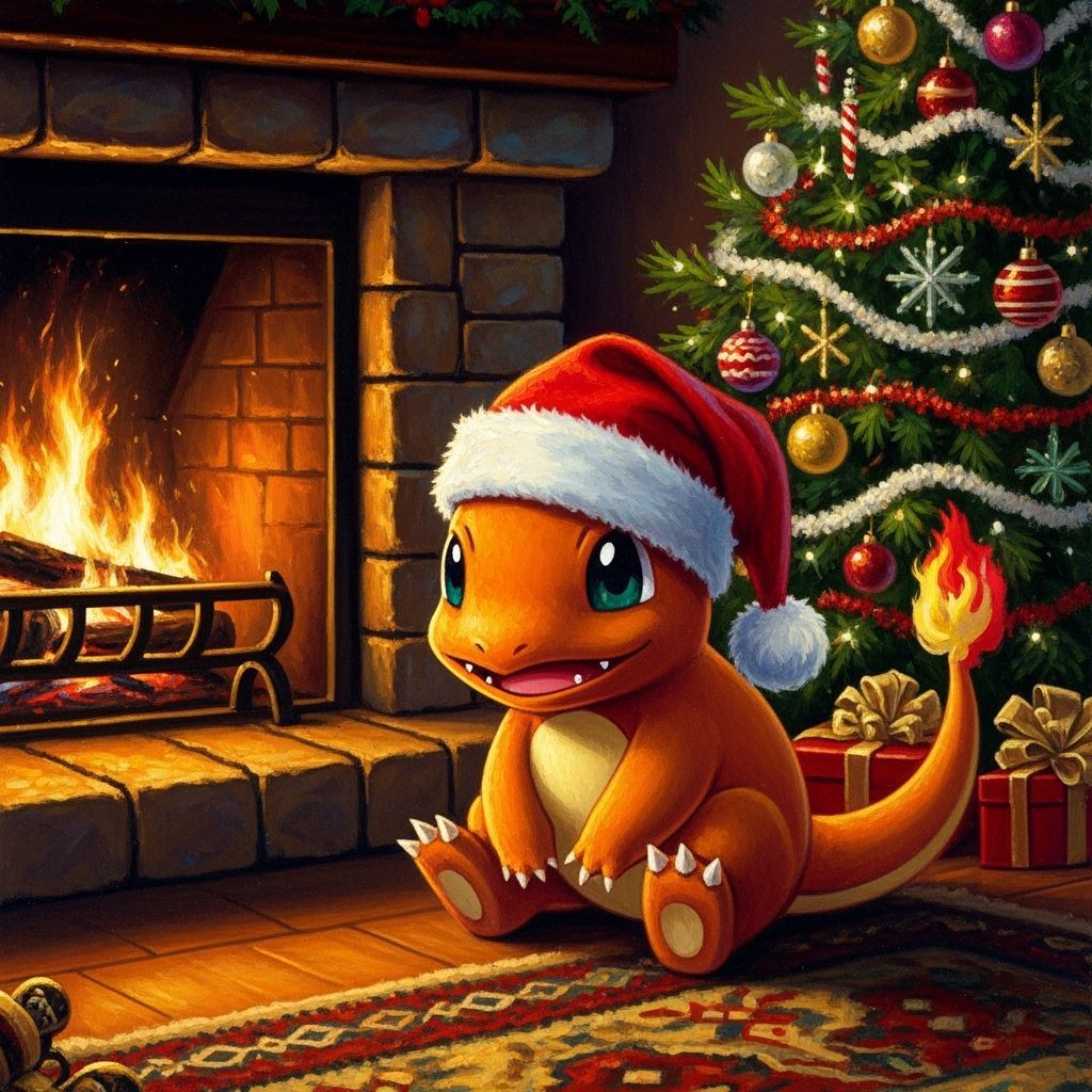Baby Charmander by Fireplace in Oil Painting Style