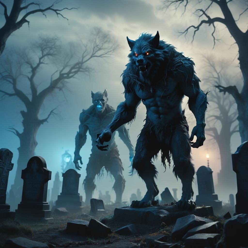 Werewolf in Haunted Cemetery Digital Matte Painting