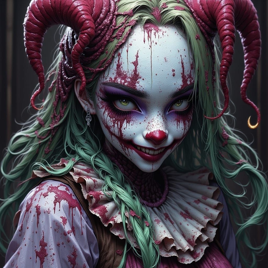 Spooky 80s Anime Clown Girl in Dark Fantasy Style