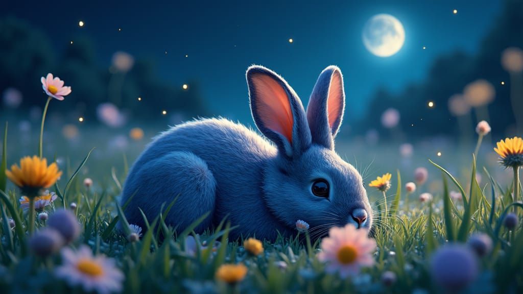 Rabbit in Starry Meadow: Matte Painting Style