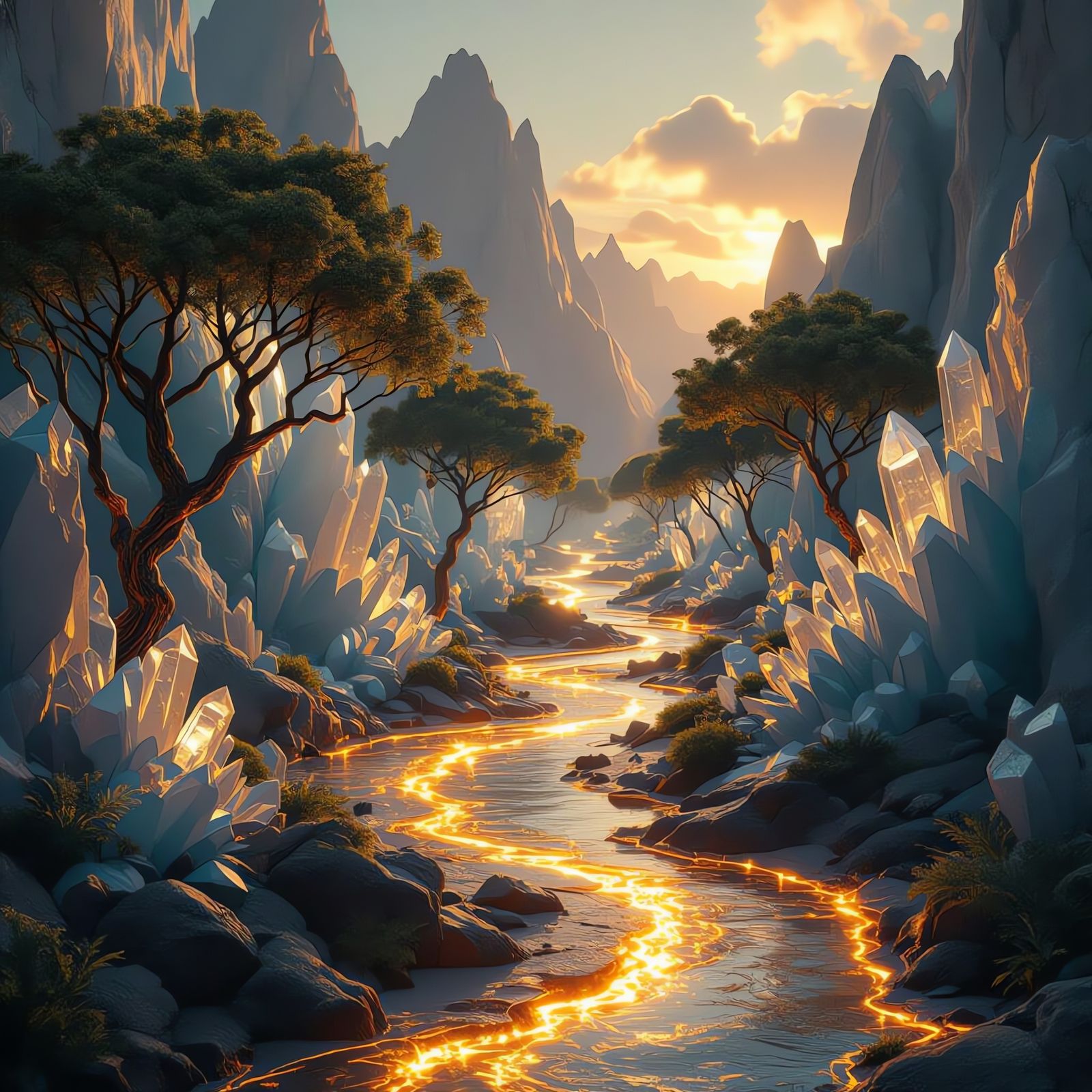 Golden Paradise Streets Lined with Crystal Trees