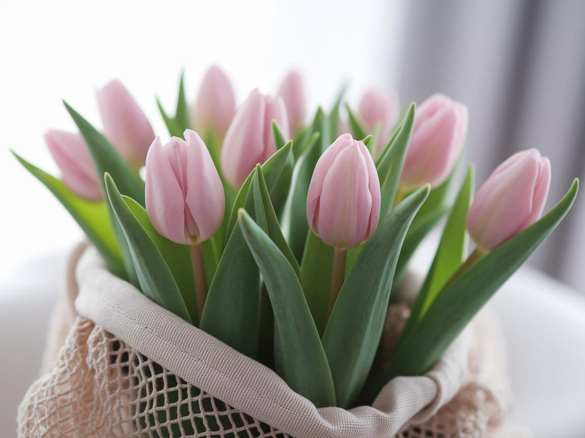 Delicate Pink Tulips in Soft Mesh Bag