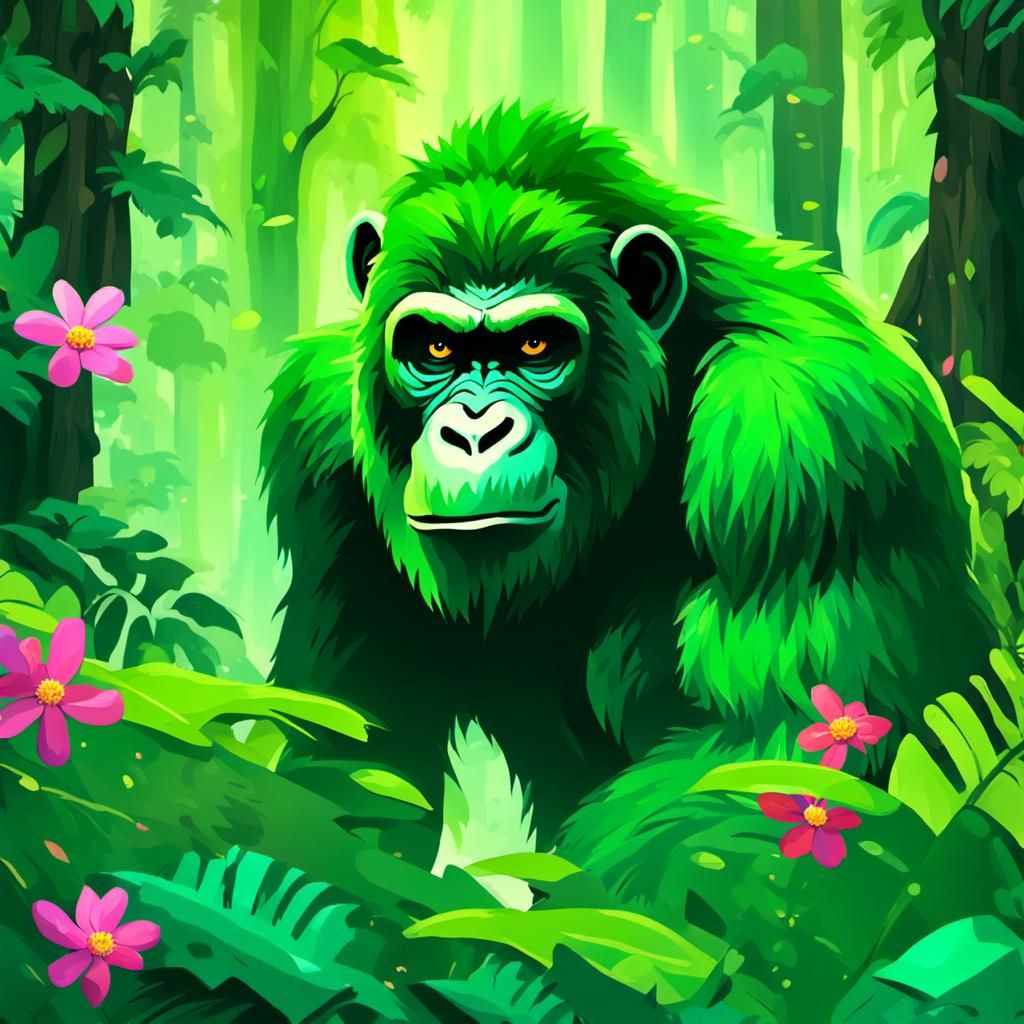 Green Apes Running Through a Dense Jungle