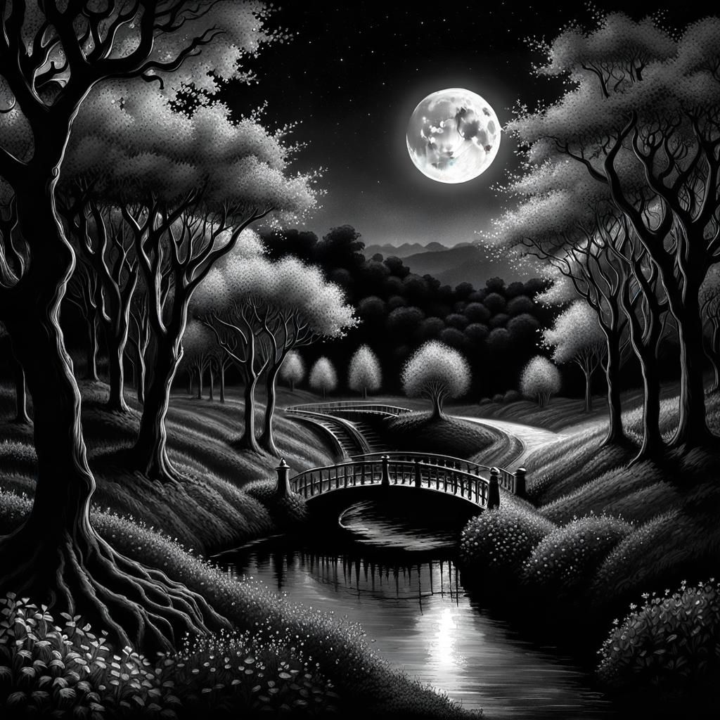 Enchanted Orchard at Night: Black and White Fantasy Art