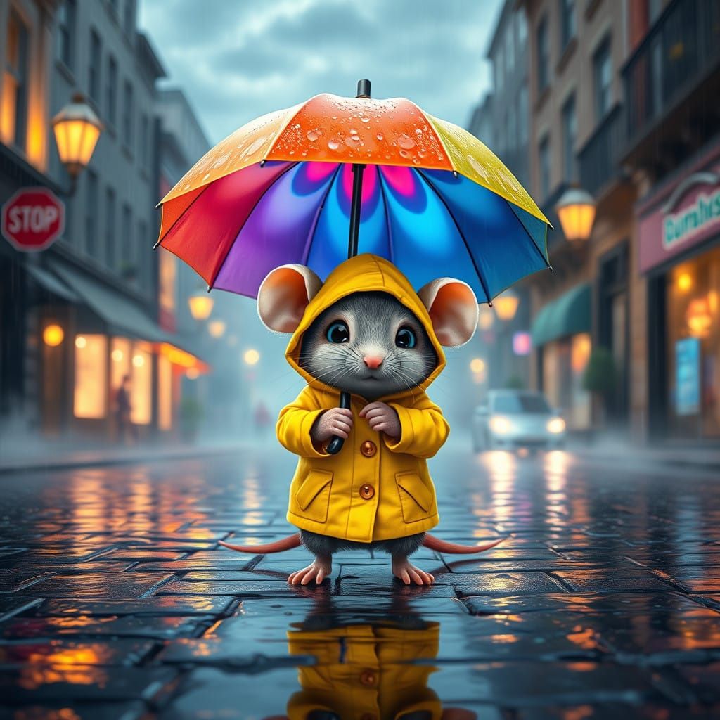 Whimsical Mouse in Rainy Cityscape, in a Cyberpunk Aesthetic