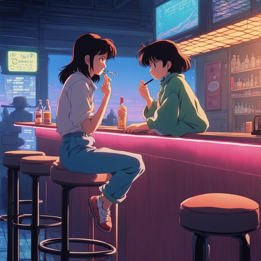 Retrowave Anime Girl Smoking: 80s Inspired Illustration