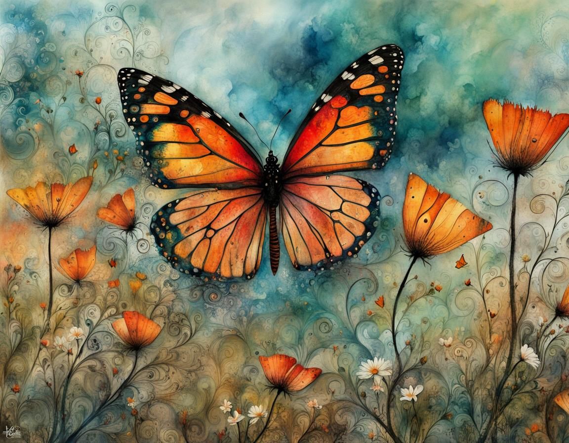 California Wildfire Superbloom Illustration in Folk Art Styl...