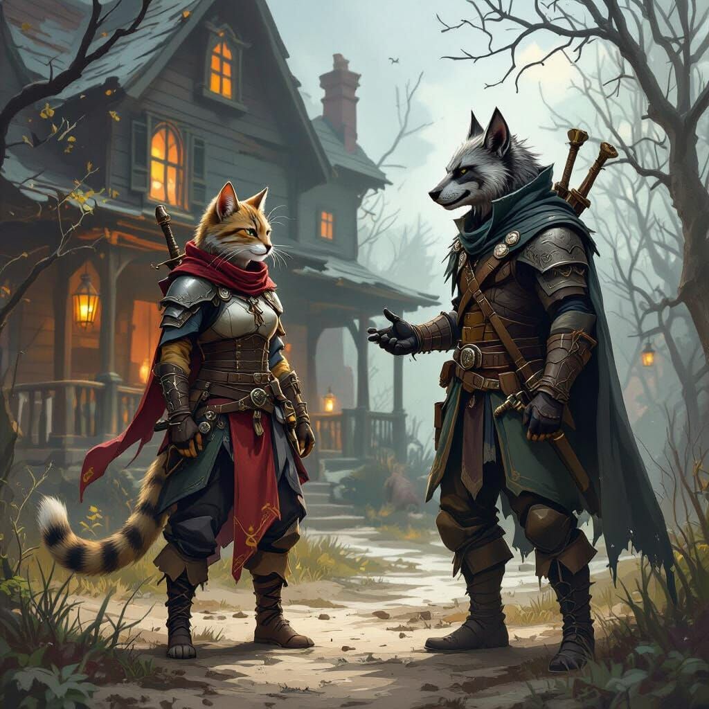 Catfolk Warrior Confronts Thugs and Bounty Hunter in Dark Fa...