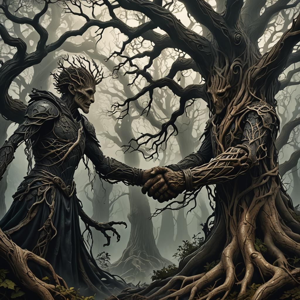 Gnarled Tree and Hand in Dark Fantasy Art