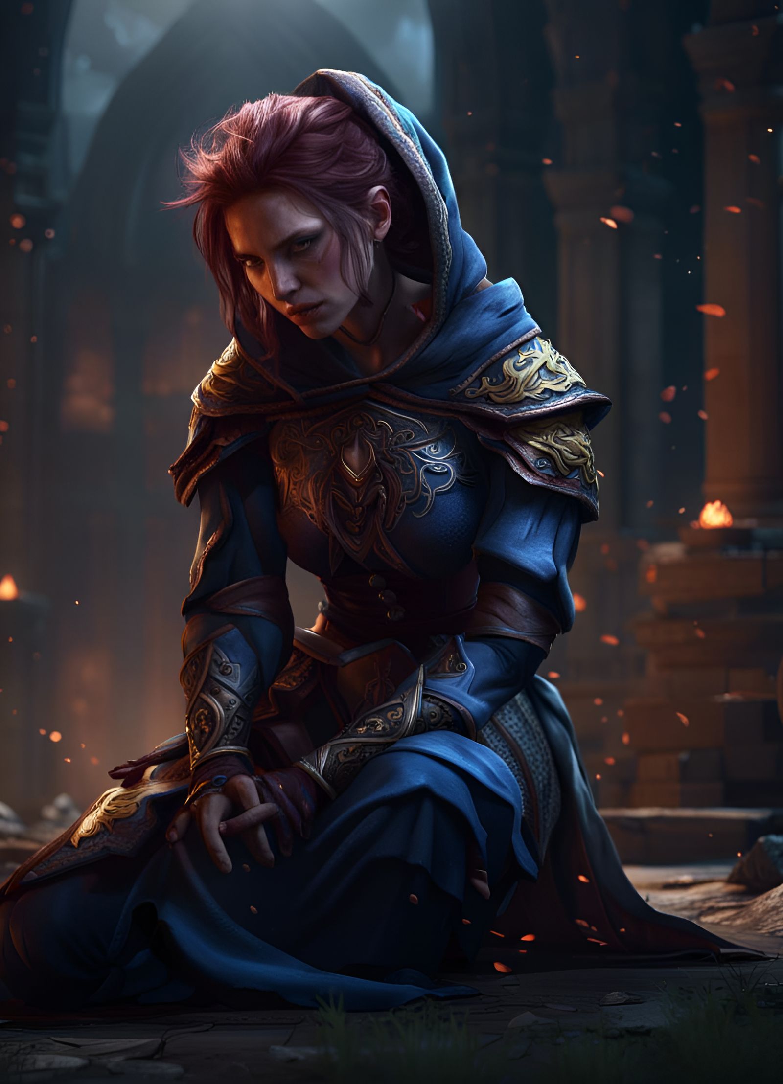 Female Battle Mage Kneeling in Despair