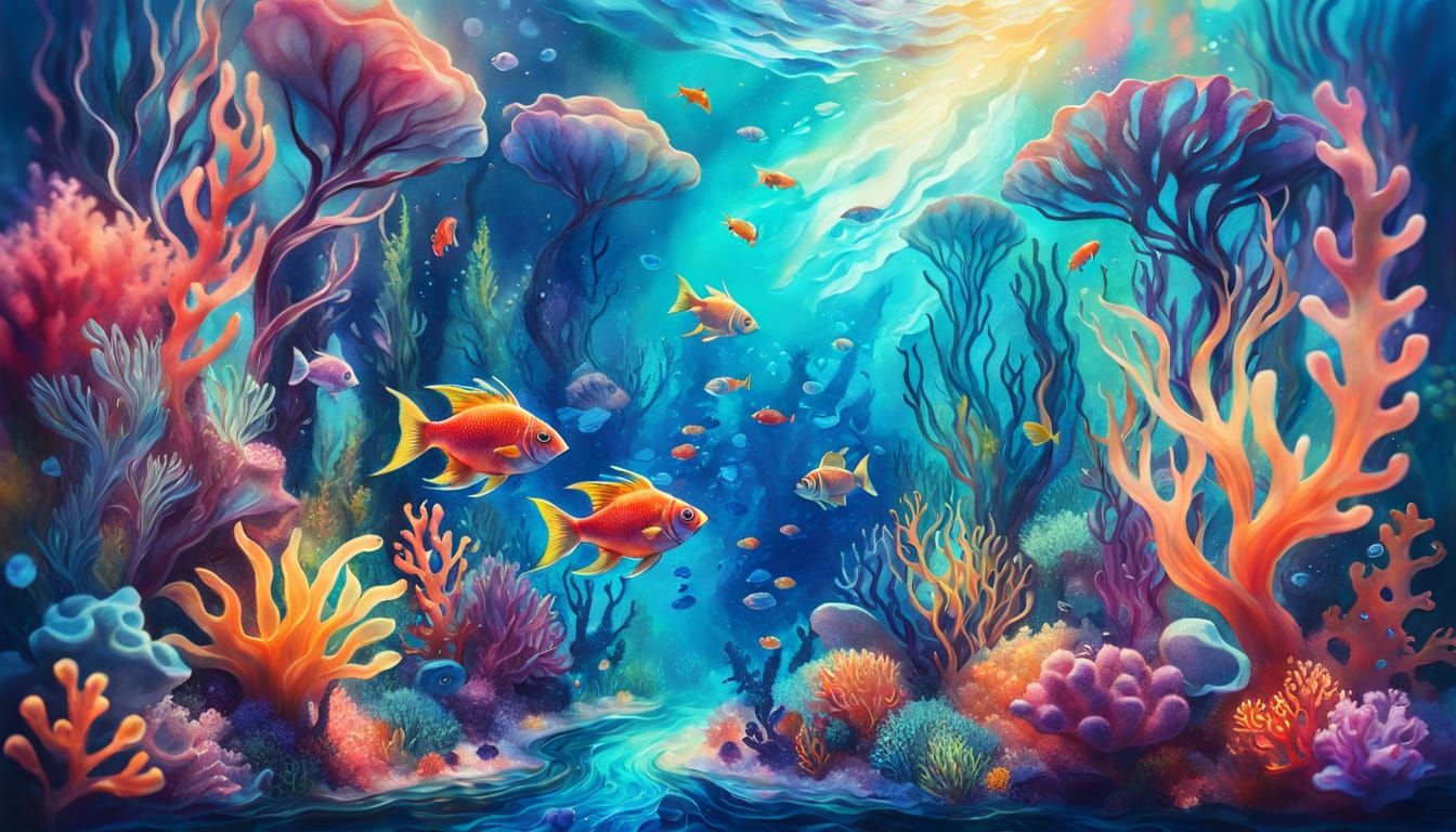 Surreal Coral Reef with Fish in Oil Painting